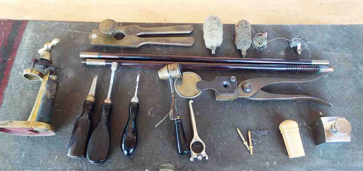 Reloading tools and accessories that accompanied the Manton 10-bore rifle.